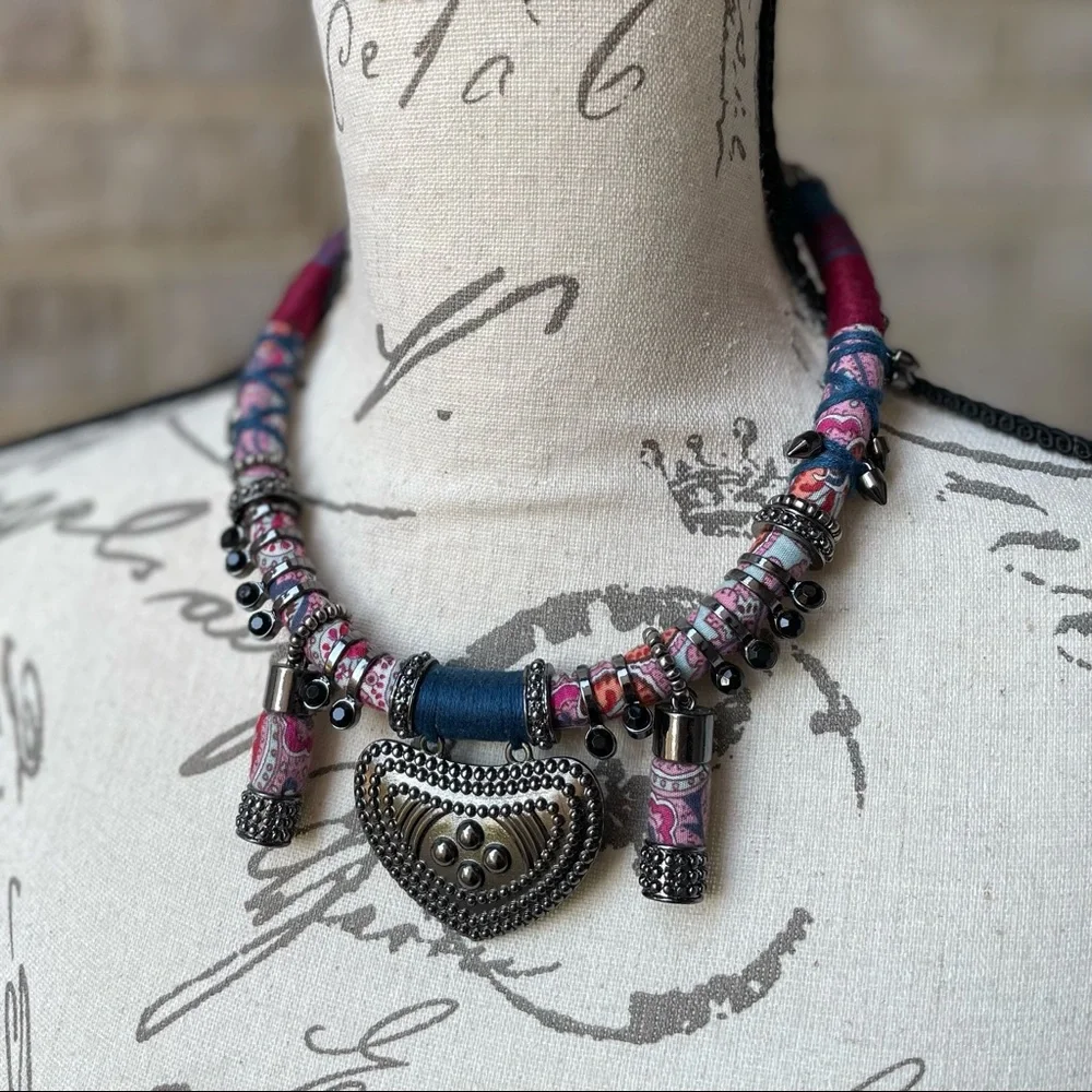Tribal Boho Fabric, String and Metal Necklace - Picture 1 of 10